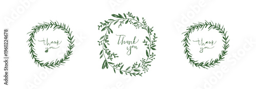 Photos Hand drawn green botanical wreath with thank you text, minimal floral circle fra