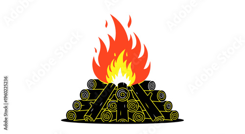 Burning woodpile with yellow flames.