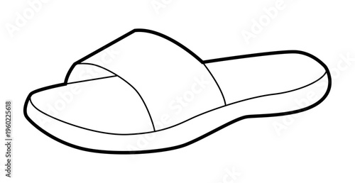 Slide sandal shoe women single line. One strap open toe sandal for pool spa vacation wear. Technical fashion illustration CAD mockup clean vector man unisex isolated modern style.
