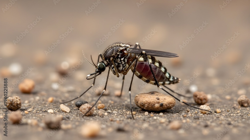 Fototapeta premium Close-up macro photograph of a mosquito resting on the ground with visible soil grains and a blurred background, highlighting its detailed anatomy