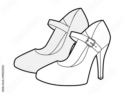 Mary Jane pump women heel sketch pair. Strap round toe vintage dress footwear for party, wedding, office outfit. Technical illustration, CAD mockup, detailed vector men unisex isolated feminine style.