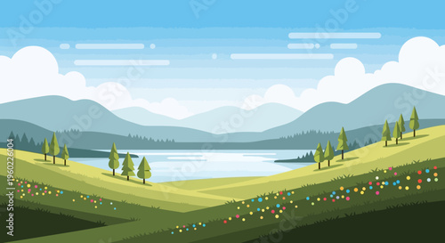 Serene Lakeside Landscape with Rolling Hills and Wildflowers in Spring