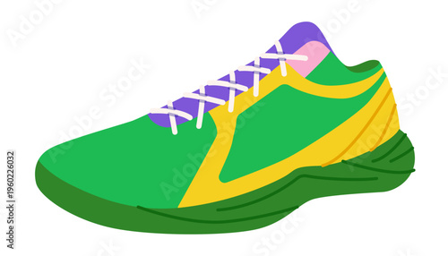 Basketball sneaker shoe flat. Colorful chunky sport footwear for, fan outfit, festival streetwear for man woman unisex. Technical fashion illustration, CAD mockup, smooth vector isolated trendy style.