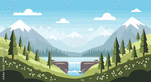 Pixel Art Waterfall Landscape with Mountains and Trees - Serene Nature Scene