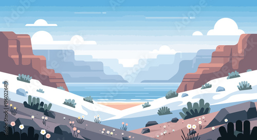 Pixel Art Winter Landscape with Snow-Covered Grand Canyon and Desert Oasis