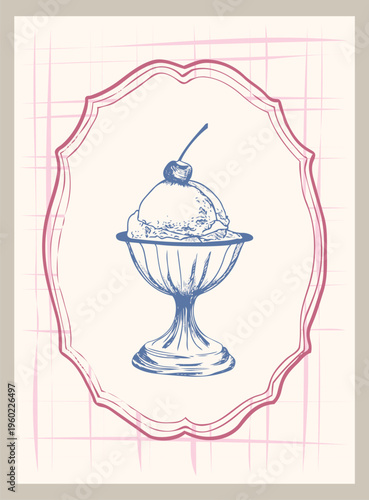 Coastal Italy ice-cream, cherry and bow print set. La Dolce Vita illustrations in a poster frame. Sketch style food doodles. Art for greeting cards, wedding invitations, postcard. bon appetit