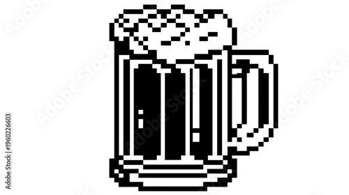 Pixel art beer mug icon with frothy head. Retro 8-bit style graphic design element for gaming and digital projects.