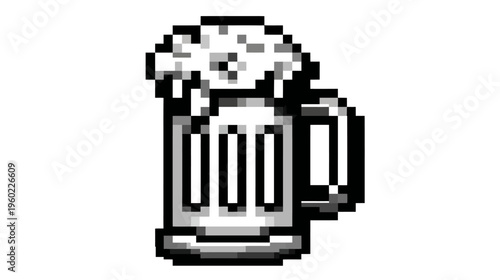 Retro pixel art beer mug icon with frothy foam, vintage digital graphic of an alcoholic beverage in a glass stein