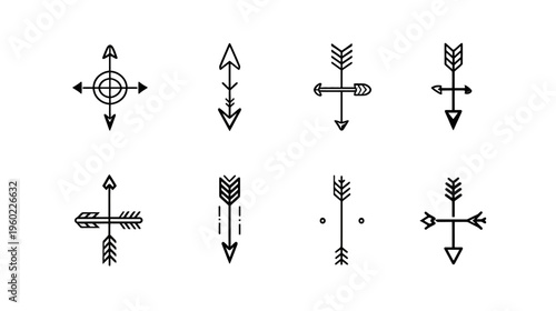 Set of minimalist line art arrows, rustic bohemian style direction symbols, outline graphic icons collection for design