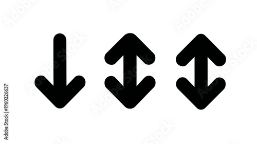 Black vector arrow icons set: single downward arrow and double-headed up-down sort arrows for UI design elements