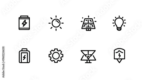 Renewable Energy & Power Line Icons Set - Solar, Wind, Battery, Electricity. Green Technology & Sustainability Symbols