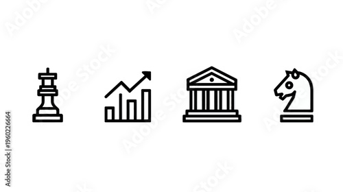 Business Strategy and Finance Icons Set: Chess Pieces, Growth Chart, and Classical Government Building Outline
