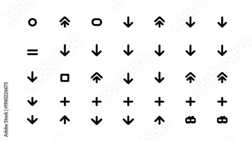 Set of minimalist black and white geometric UI symbols and abstract icons arranged in a grid for modern web design and app interface.