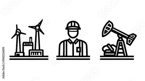 Line art icons of energy sector: renewable wind power, oil extraction pumpjack, and industrial engineer concept.