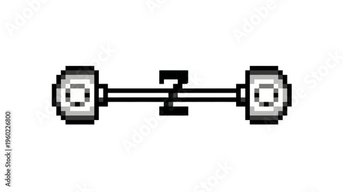 Retro pixel art barbell icon with weights, 8-bit style fitness equipment for strength training and gym workouts