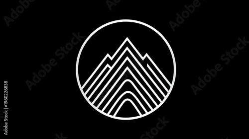 Minimalist Geometric Mountain Peaks Icon in a Circle. Modern Stylized Linear Design for Nature, Adventure, or Outdoors Concept.