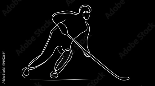 Dynamic continuous line drawing of an ice hockey player skating and shooting, isolated on a sleek black background, modern vector graphic.