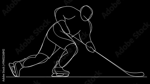 White outline line art illustration of an ice hockey player skating and stickhandling on a black background, minimalist sports graphic.