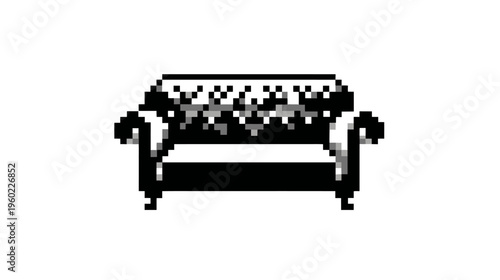 Pixel art classic sofa illustration in black and white, retro 8-bit style furniture icon, isolated on white background