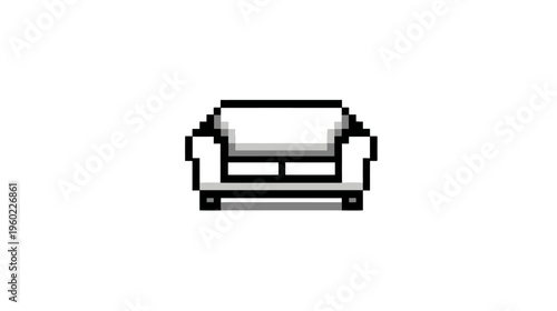 White pixel art two-seater sofa icon. Isolated retro 2D digital couch graphic element for game design, UI, and home decor concepts.