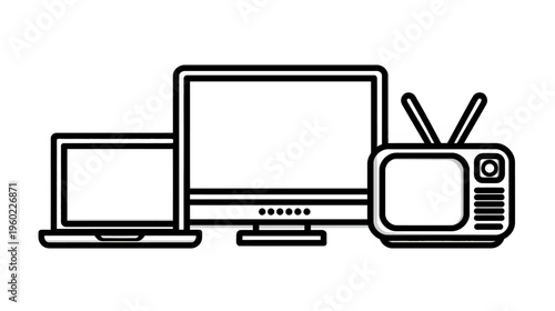 Set of electronic devices icon featuring a laptop, desktop monitor, and vintage television, symbolizing technology and media evolution.