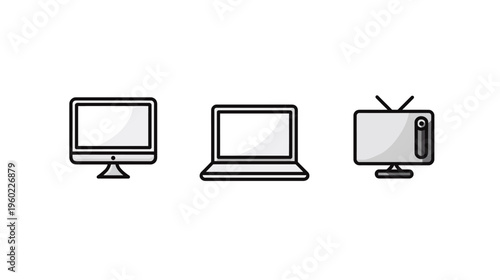 Modern technology devices icon set with desktop monitor, laptop computer, and retro television screen display on white