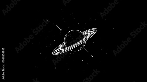 Minimalist black and white line art illustration of a stylized ringed planet in deep space with stars and celestial bodies.