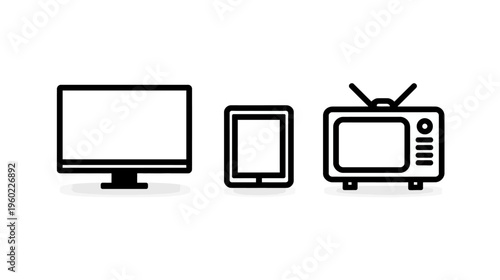 Set of display device icons: modern computer monitor, mobile tablet, and vintage television. Evolution of screen technology.