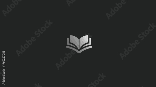 Minimalist silver open book icon on a dark background, symbolizing education, knowledge, reading, and learning. Modern graphic design element.