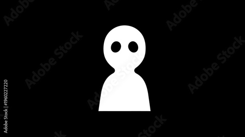Abstract white minimalist person silhouette with black eyes on a dark background, representing user, avatar, anonymity, or mystery.