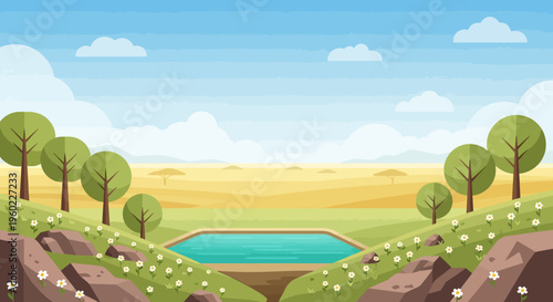 Serene African Savannah Landscape with Waterhole and Blooming Wildflowers