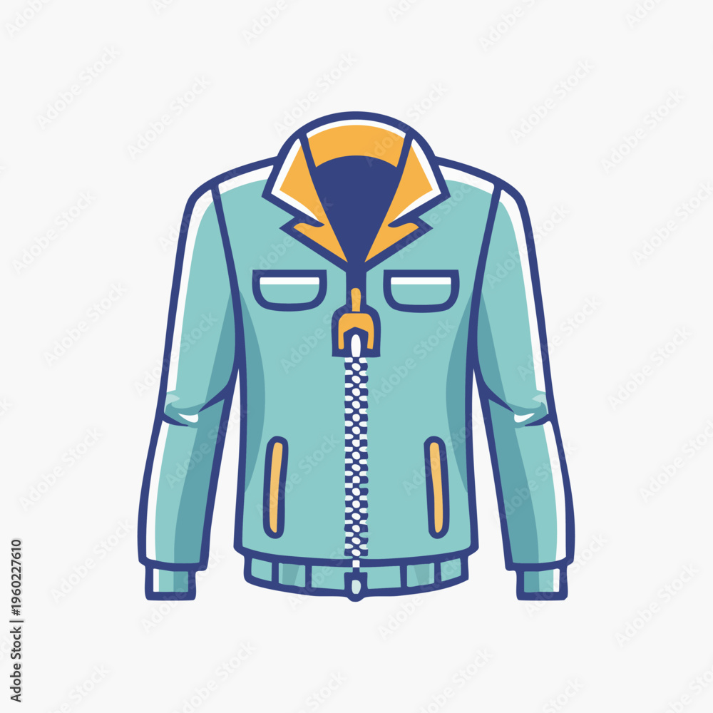 Naklejka premium Stylish blue jacket with zipper and pockets, front view.