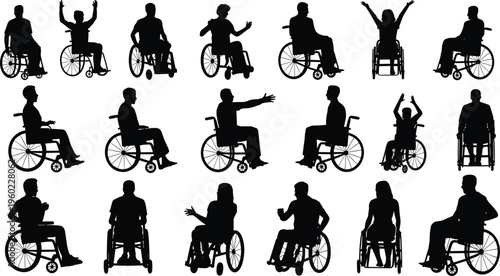 Wheelchair silhouettes collection, diverse poses, disability representation, inclusion, accessibility, people in wheelchairs, celebrating diversity, vector illustration design set