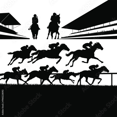 Horse racing silhouettes collection, jockeys on horses, racetrack competition, speed motion, equestrian sport, grandstand scene, dynamic vector illustration design