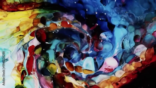 Vibrant colors swirl in a mesmerizing abstract artwork with shades of blue, red, and yellow blending together.