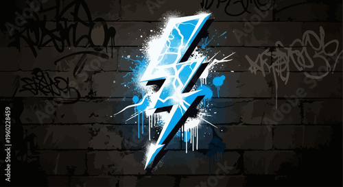 Graffiti style blue lightning bolt on wall.