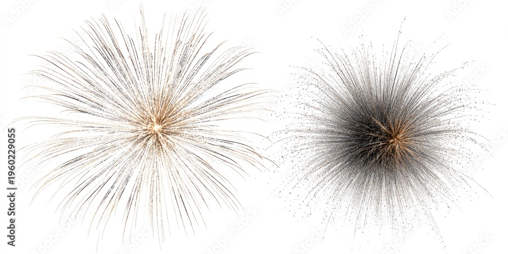 Obraz premium Two firework displays on white, one tan and silver, the other black and gold