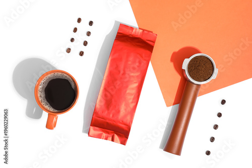 Red bag with beans, cup of ...