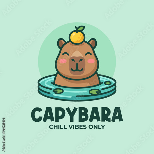 This adorable capybara is enjoying a relaxed moment in a tranquil setting, complete with a playful citrus hat, embodying chill vibes and nature's simplicity.