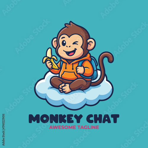 This cheerful monkey character with a backpack and banana exudes playfulness and fun, symbolizing joyful communication and interaction, ideal for children's themes.