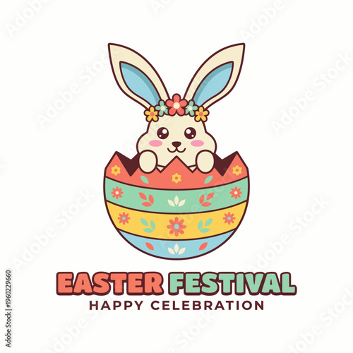 This image presents a joyful bunny peeking out from a colorful Easter egg, symbolizing celebration and happiness associated with the Easter festival and the spirit of springtime.