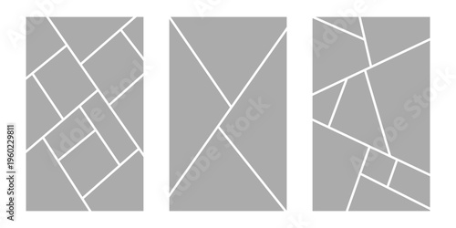 Image collage layout template. Grey mosaic mood board grid collection. Picture frame set. Photo album idea for banner, poster, comic page, flyer, brochure, booklet, memory wall design. Vector pack