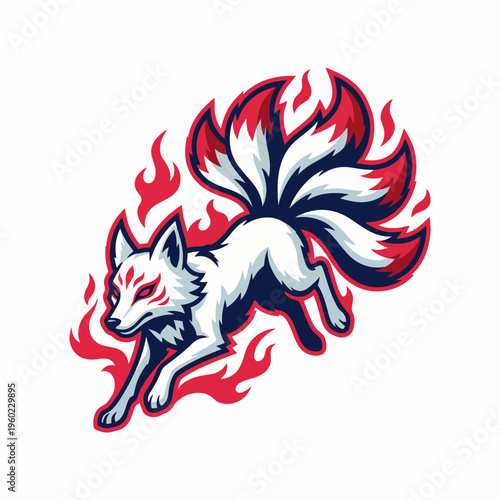 This illustration features a mythical nine-tailed fox, strikingly portrayed amid vibrant flames, representing transformation and mystique. Ideal for fantasy and mythology themes.