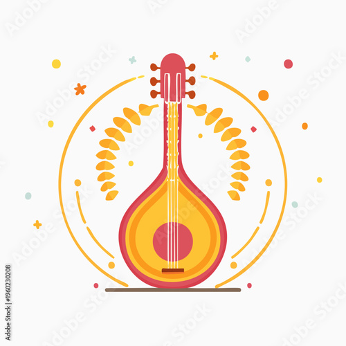 Stylized Mandolin Illustration with Decorative Elements on White Background.