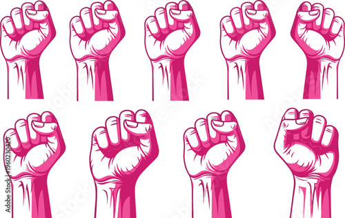 Raised fist illustration set, protest and empowerment symbol, strong hand gesture collection, feminism movement concept, bold vector design for activism