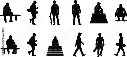 Skateboarder lifestyle silhouettes set, urban youth with skateboards vector illustration, street culture poses collection, isolated black figures design