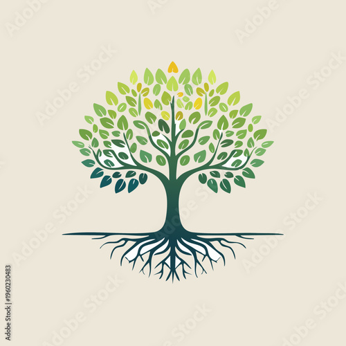 Stylized Tree of Life with Visible Roots and Green Leaves.