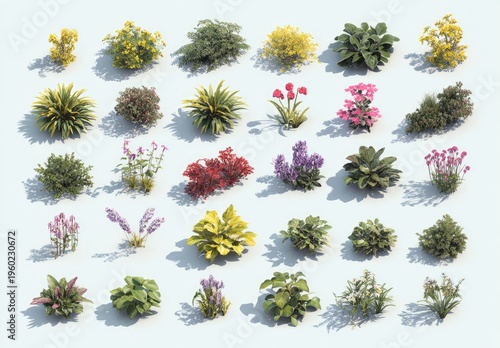 An overhead view showcases a grid of diverse, small, vibrant, and realistic plant renderings