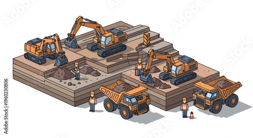 Isometric mining operation with excavators and dump trucks.