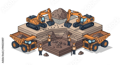 Isometric Mining Operation with Excavators, Dump Trucks, and Workers.